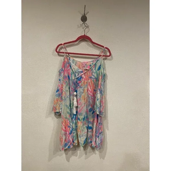 Lilly Pulitzer Alanna Dress Womens Medium Multicolor Off Shoulder Tassel Ruffle - Picture 2 of 4
